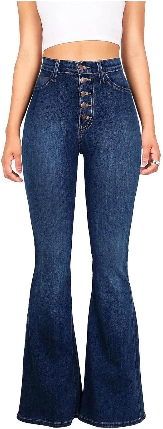 Womens Flare Jeans High Waisted Wide Leg Bootleg Bell Bottom Denim Pants Stretch Button Fly Jean Trousers