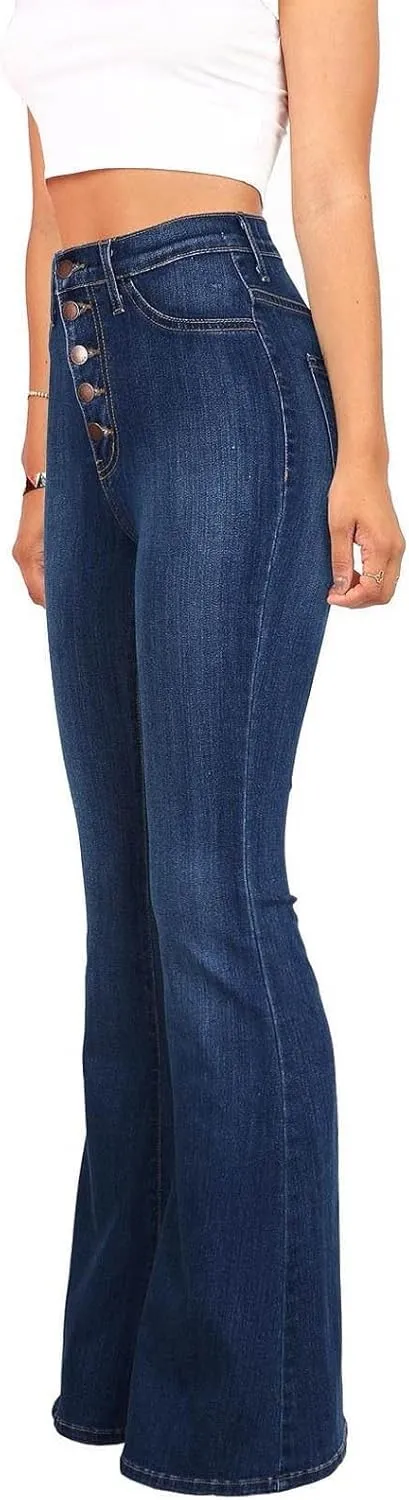 Womens Flare Jeans High Waisted Wide Leg Bootleg Bell Bottom Denim Pants Stretch Button Fly Jean Trousers