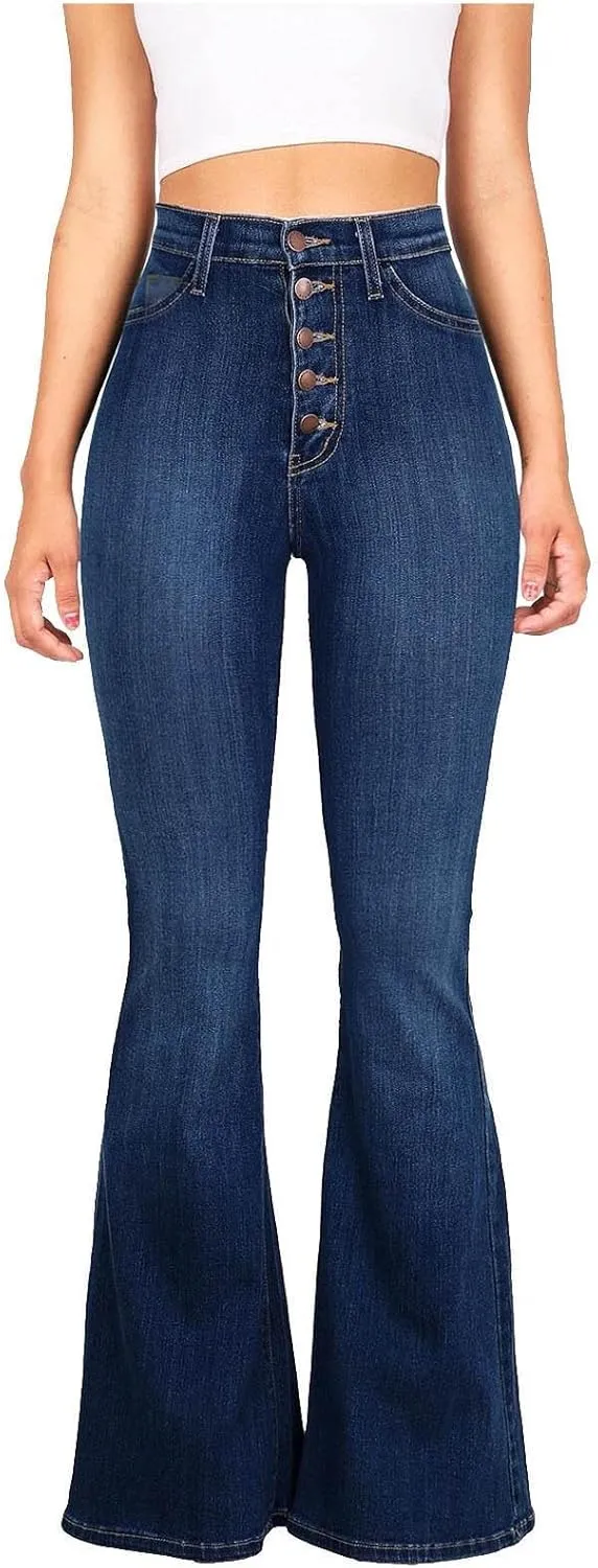 Womens Flare Jeans High Waisted Wide Leg Bootleg Bell Bottom Denim Pants Stretch Button Fly Jean Trousers
