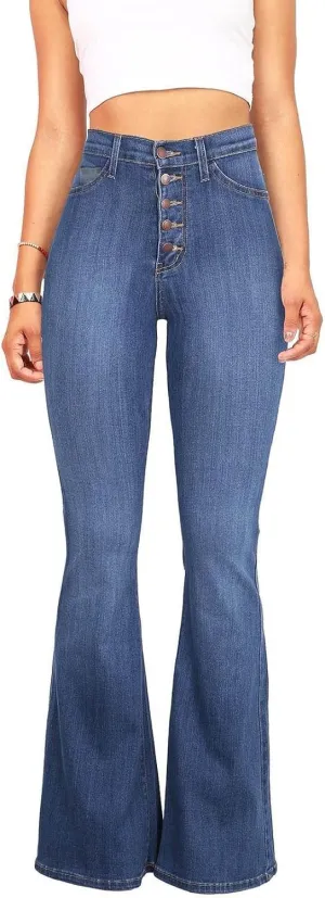 Womens Flare Jeans High Waisted Wide Leg Bootleg Bell Bottom Denim Pants Stretch Button Fly Jean Trousers