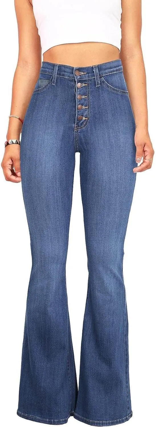 Womens Flare Jeans High Waisted Wide Leg Bootleg Bell Bottom Denim Pants Stretch Button Fly Jean Trousers