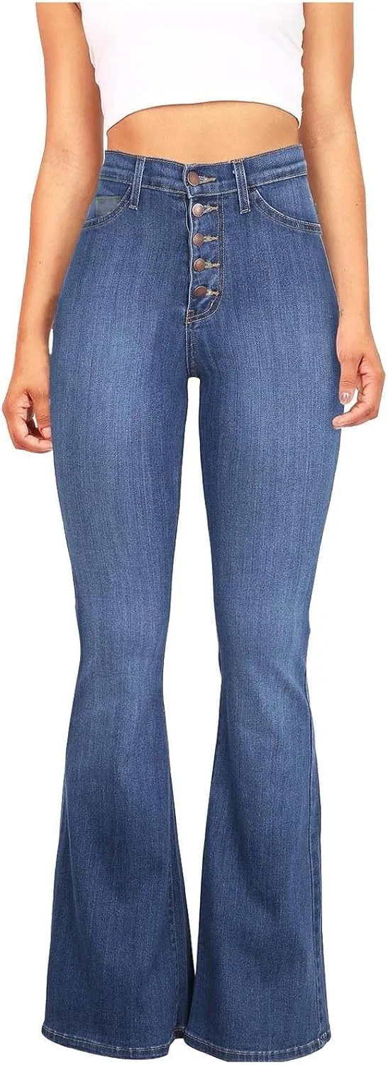 Womens Flare Jeans High Waisted Wide Leg Bootleg Bell Bottom Denim Pants Stretch Button Fly Jean Trousers