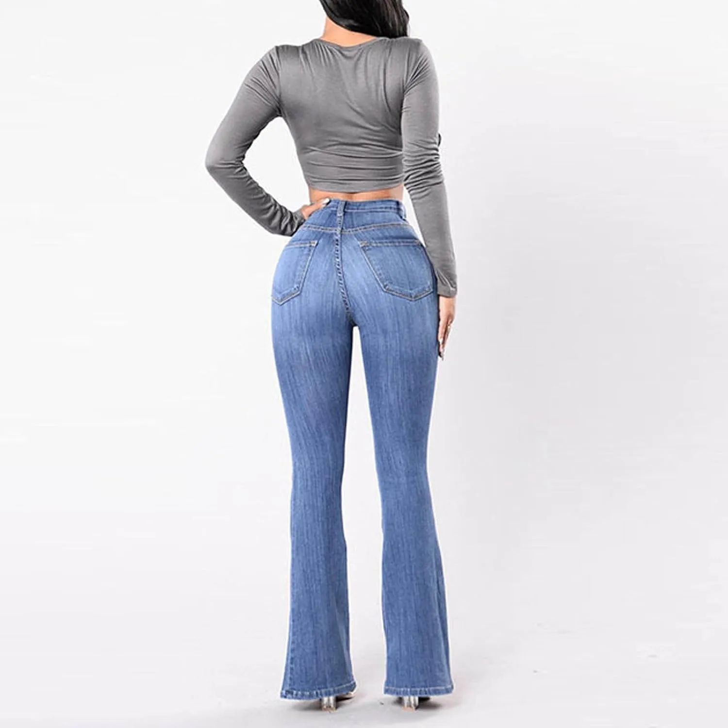 Womens Flare Jeans High Waisted Wide Leg Bootleg Bell Bottom Denim Pants Stretch Button Fly Jean Trousers