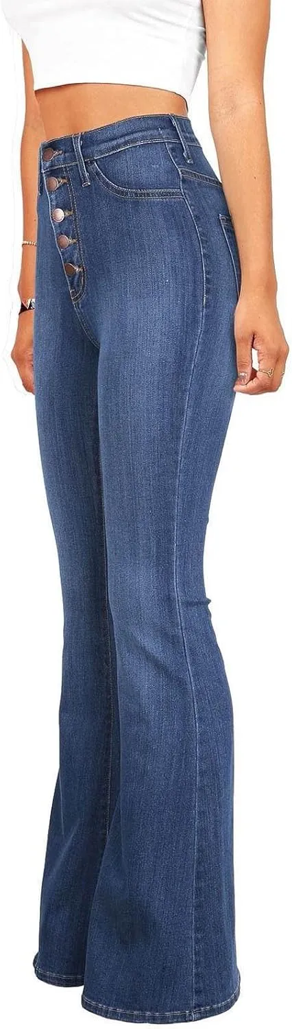 Womens Flare Jeans High Waisted Wide Leg Bootleg Bell Bottom Denim Pants Stretch Button Fly Jean Trousers