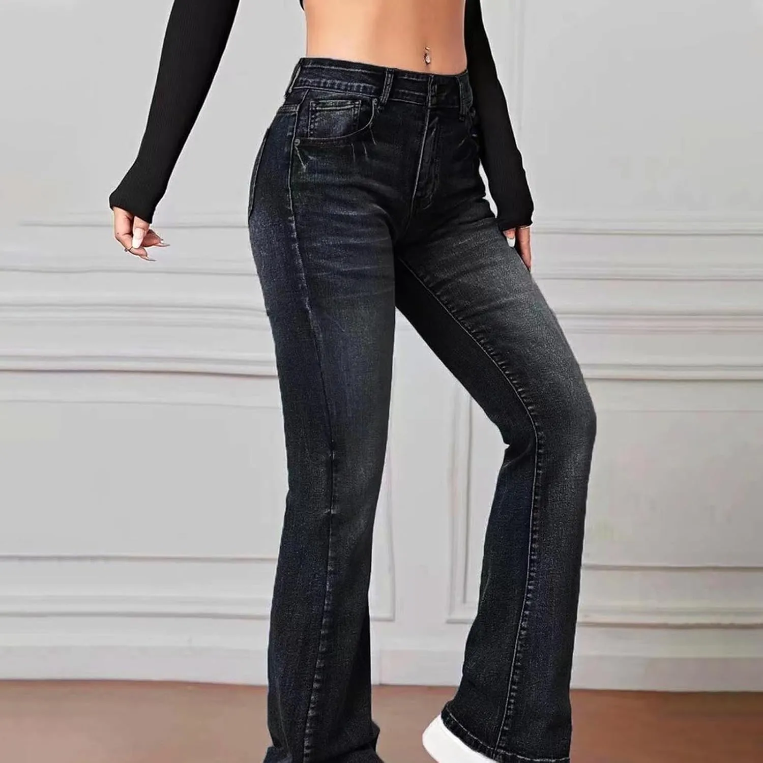 Women's Flared Skinny Jeans Stretchy Mid Waisted Tummy Control Button Down Zipper Denim Outings Go Casual Wear Jeans