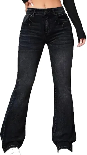Women's Flared Skinny Jeans Stretchy Mid Waisted Tummy Control Button Down Zipper Denim Outings Go Casual Wear Jeans