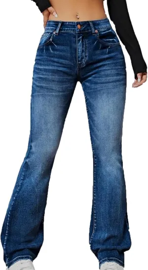 Women's Flared Skinny Jeans Stretchy Mid Waisted Tummy Control Button Down Zipper Denim Outings Go Casual Wear Jeans