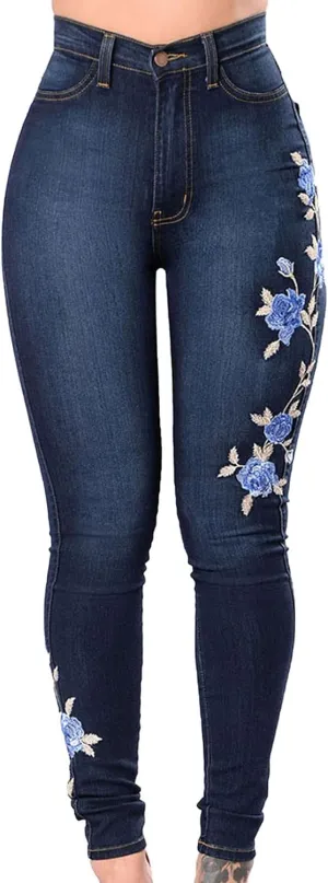 Women's Floral Embroidered Denim Pants Waisted Stretch Slim Skinny Jeans Sexy Button Fly Pencil Jean Trousers
