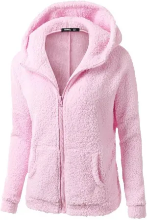Women's Girls' Sherp_a Jacket Zip Up Hoodie Fuzzy Coat with Zipper Pockets Lightweight Fleece Lined Warm Winter Coats