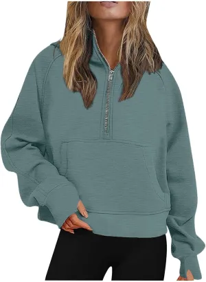 Womens Half Zip Cropped Pullover Tops Fleece Lined Hoodies Long Sleeve Hooded Sweatshirts with Pocket Fall Outfits
