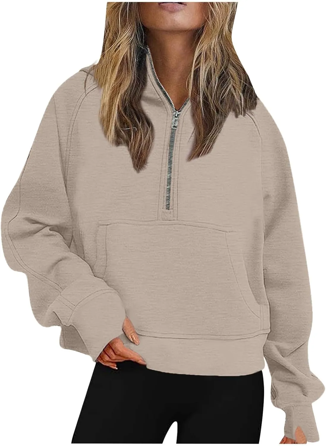 Womens Half Zip Cropped Pullover Tops Fleece Lined Hoodies Long Sleeve Hooded Sweatshirts with Pocket Fall Outfits