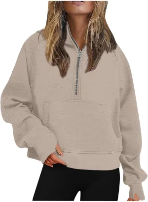 Womens Half Zip Cropped Pullover Tops Fleece Lined Hoodies Long Sleeve Hooded Sweatshirts with Pocket Fall Outfits
