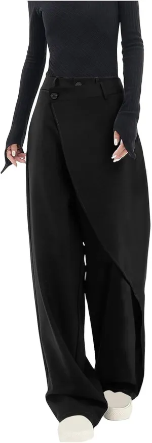 Womens High Waist Wide Leg Straight Pants Button Relaxed Fit Trousers 2024 Trendy Casual Solid Long Pants with Pockets