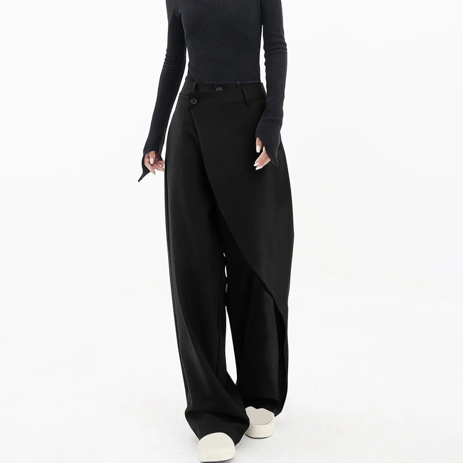 Womens High Waist Wide Leg Straight Pants Button Relaxed Fit Trousers 2024 Trendy Casual Solid Long Pants with Pockets