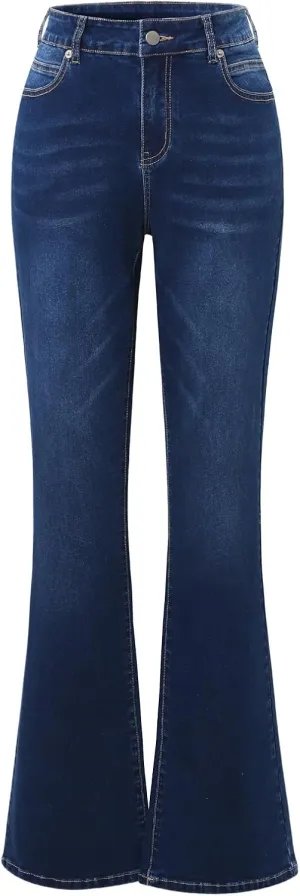 Women's High Waisted Stretch Skinny Flared Denim Pants Pocket Trendy Bell Flared Trousers