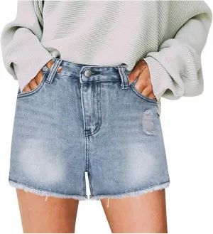 Womens High Waisted Stretchy Denim Shorts Casual Summer Frayed Raw Hem Distressed Ripped Short Jeans, Medium