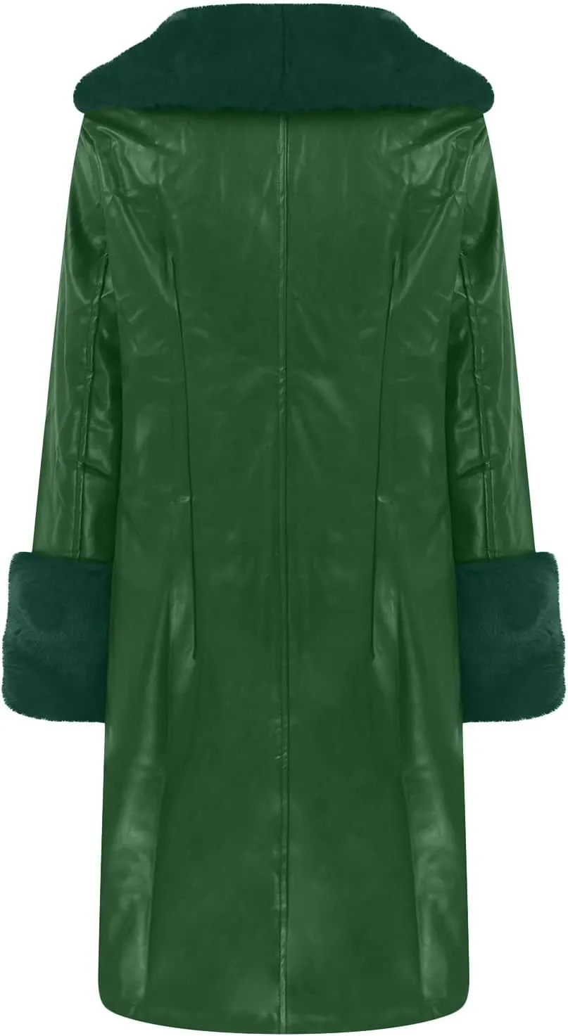Womens Leather Jacket with Faux Fur Collar Leather Long Jacket Winter Fashion Trench Coat Fleece Lined Coats with Pocket