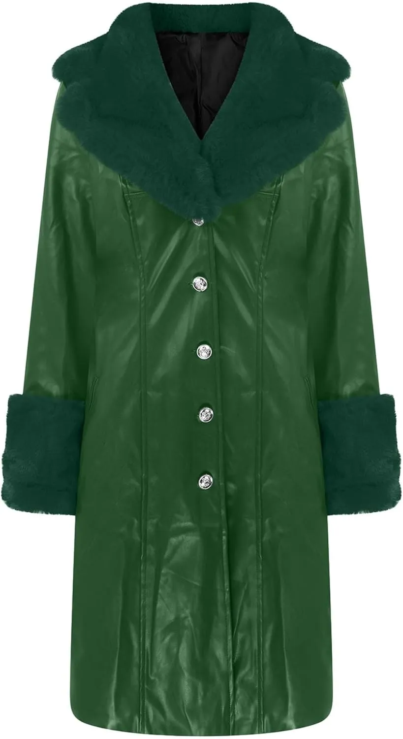 Womens Leather Jacket with Faux Fur Collar Leather Long Jacket Winter Fashion Trench Coat Fleece Lined Coats with Pocket