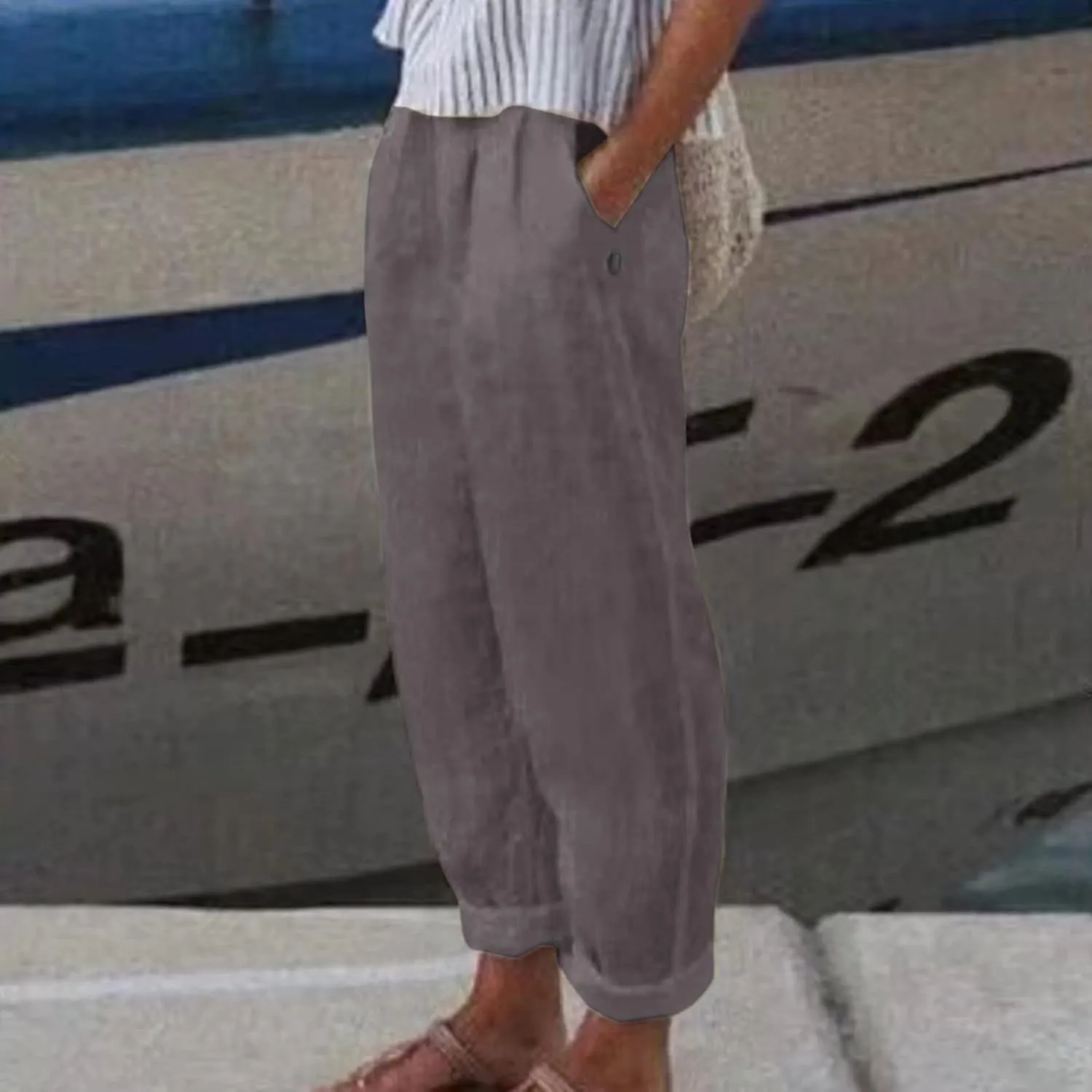 Women's Linen Pants Casual Summer Elastic Waist Straight-Leg Long Pants Athletic Loose Jogger Trousers with Pockets