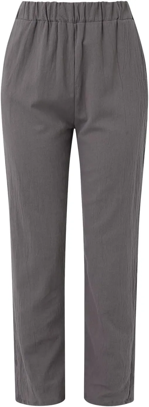 Women's Linen Pants Casual Summer Elastic Waist Straight-Leg Long Pants Athletic Loose Jogger Trousers with Pockets