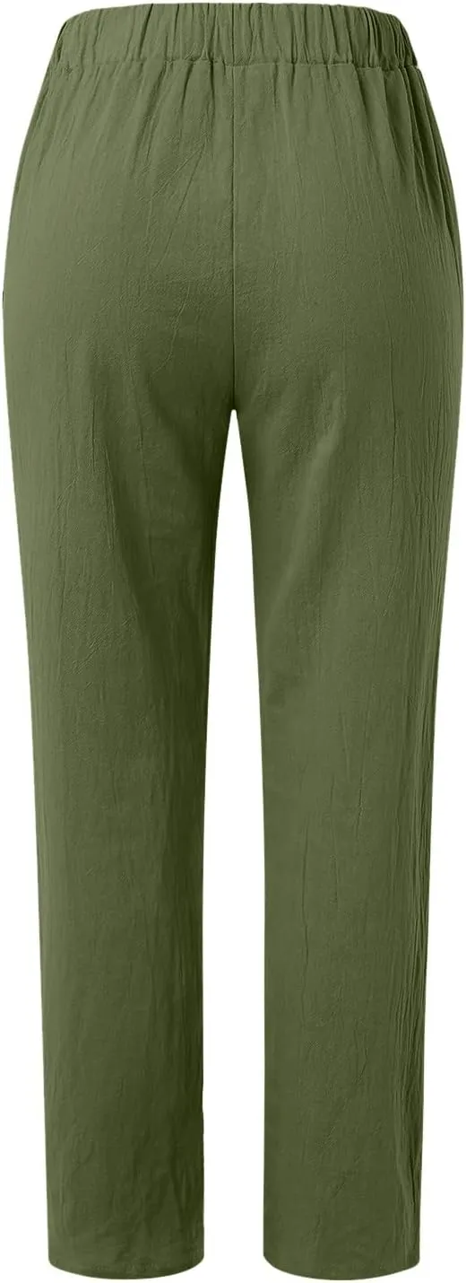 Women's Linen Pants Casual Summer Elastic Waist Straight-Leg Long Pants Athletic Loose Jogger Trousers with Pockets