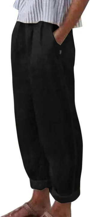 Women's Linen Pants Casual Summer Elastic Waist Straight-Leg Long Pants Athletic Loose Jogger Trousers with Pockets