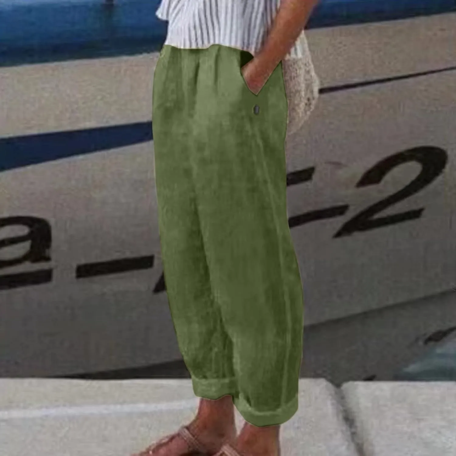 Women's Linen Pants Casual Summer Elastic Waist Straight-Leg Long Pants Athletic Loose Jogger Trousers with Pockets