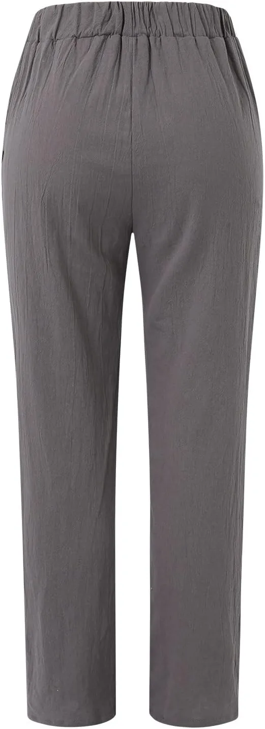 Women's Linen Pants Casual Summer Elastic Waist Straight-Leg Long Pants Athletic Loose Jogger Trousers with Pockets