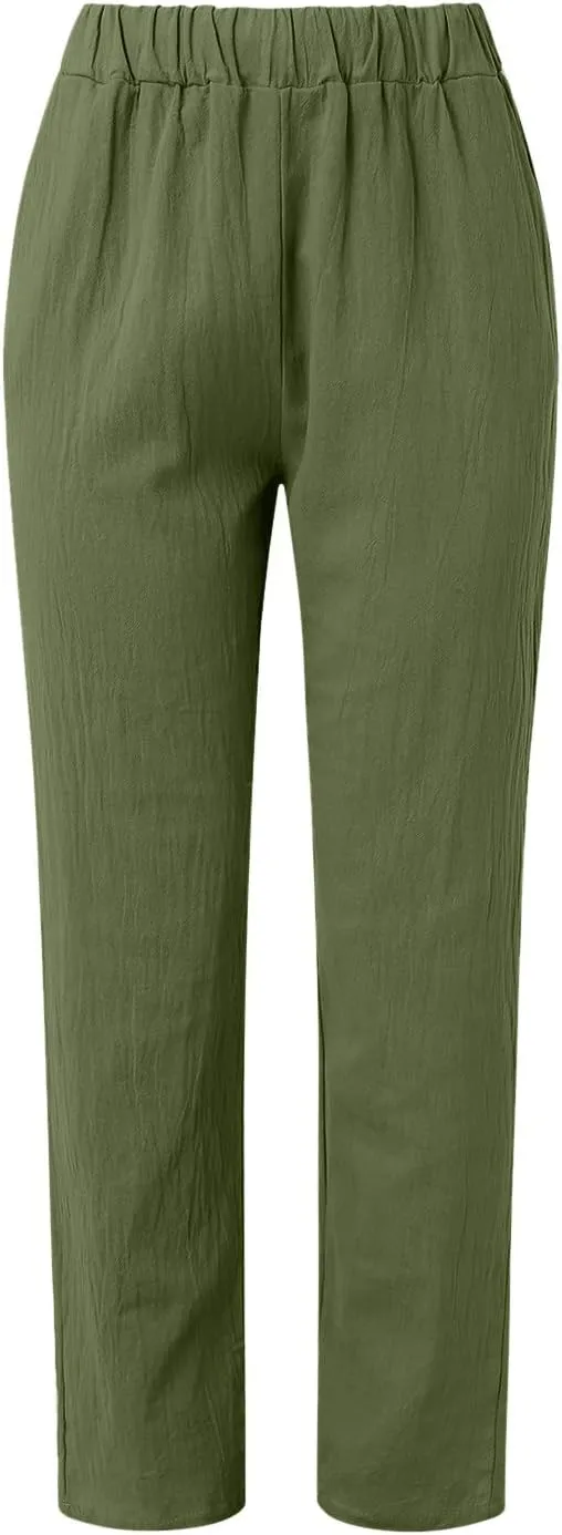 Women's Linen Pants Casual Summer Elastic Waist Straight-Leg Long Pants Athletic Loose Jogger Trousers with Pockets