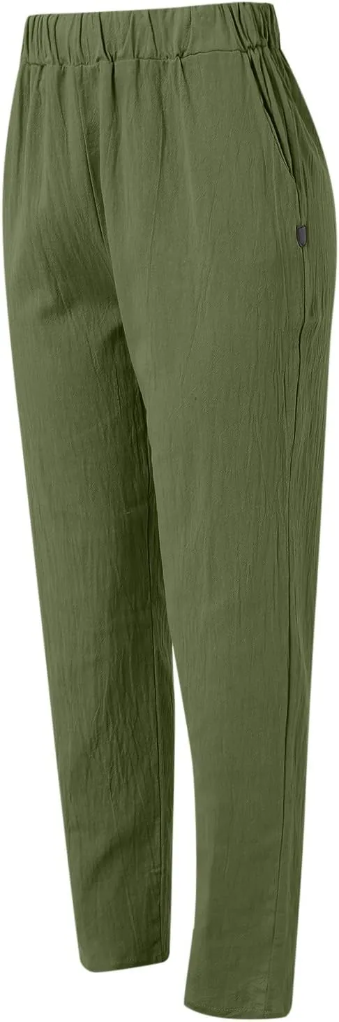 Women's Linen Pants Casual Summer Elastic Waist Straight-Leg Long Pants Athletic Loose Jogger Trousers with Pockets