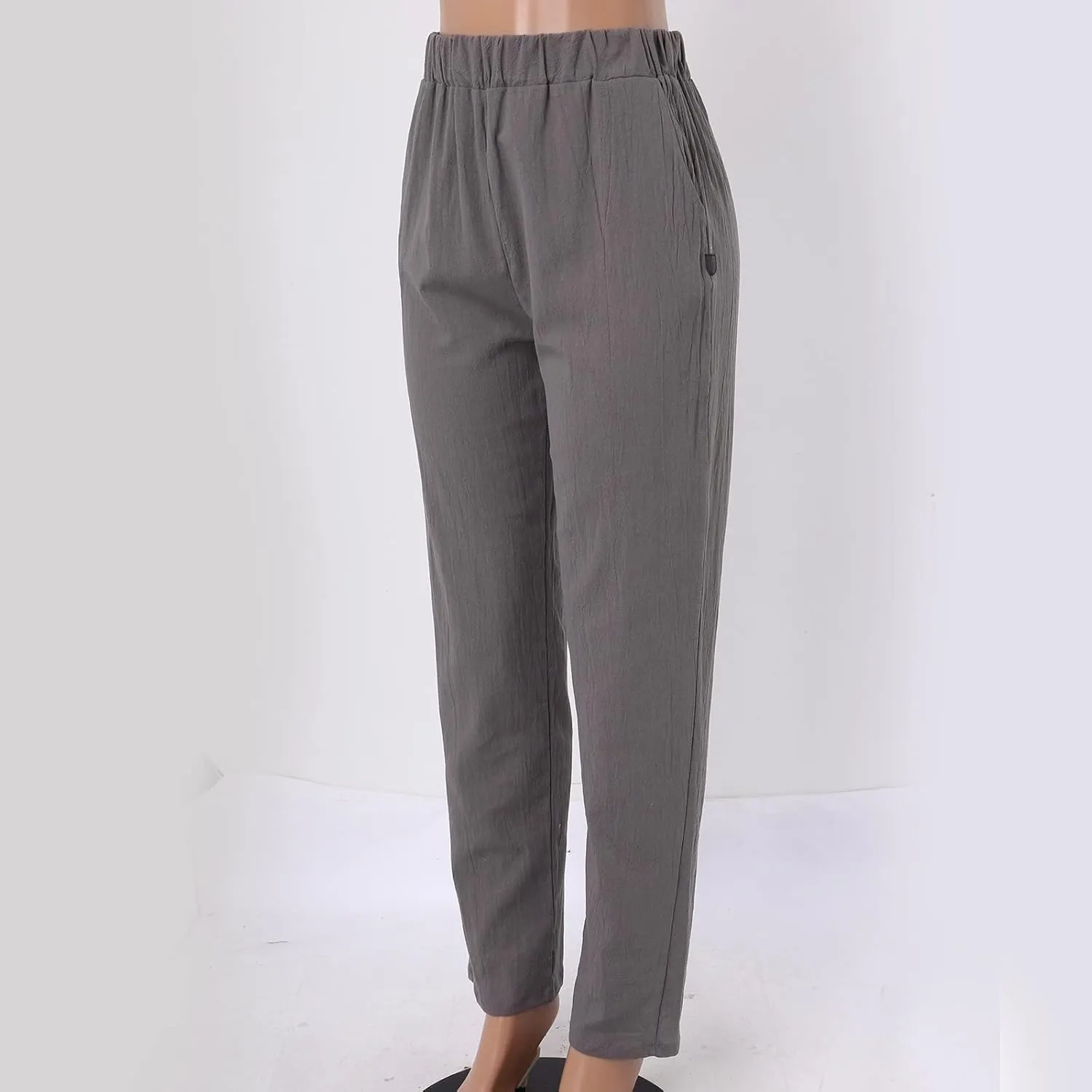 Women's Linen Pants Casual Summer Elastic Waist Straight-Leg Long Pants Athletic Loose Jogger Trousers with Pockets
