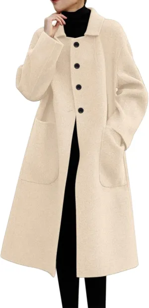 Women's Long Sleeve Button Down Faux Wool Blends Thin Jacket Coat Slim Fit Warm Long Overcoat Womens Winter Coats (Beige, XL)