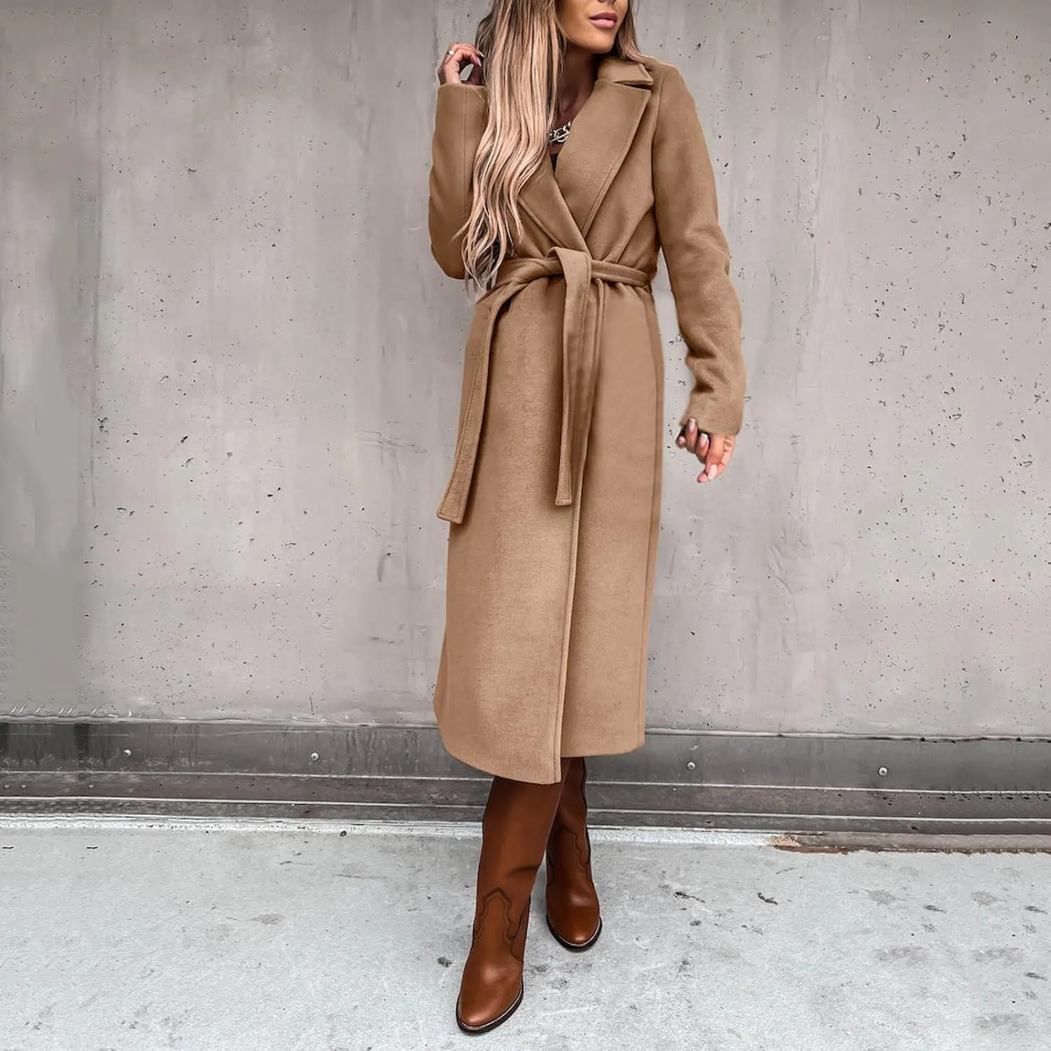 Womens Long Trench Coat Fashion Elegant Long Sleeve Lapel Overcoat with Belt Soft Comfy Slim Outwear 2024 Winter Coats