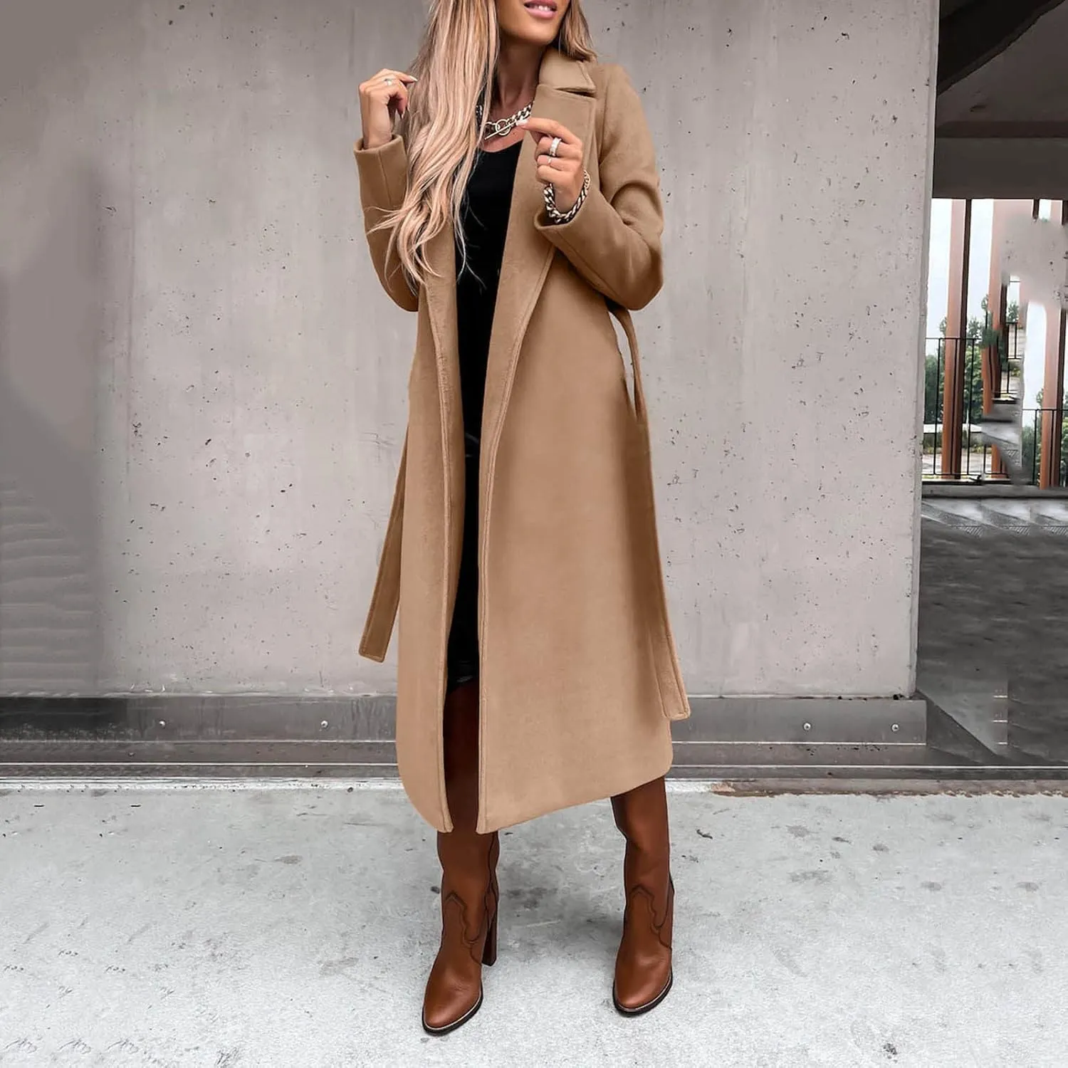 Womens Long Trench Coat Fashion Elegant Long Sleeve Lapel Overcoat with Belt Soft Comfy Slim Outwear 2024 Winter Coats