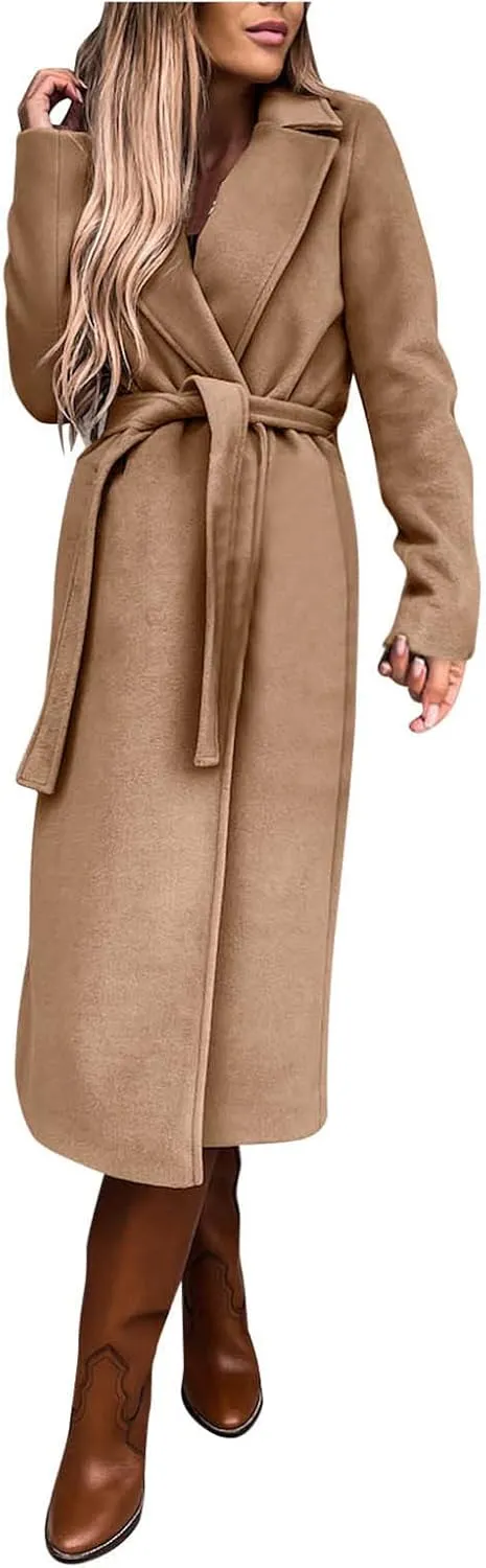 Womens Long Trench Coat Fashion Elegant Long Sleeve Lapel Overcoat with Belt Soft Comfy Slim Outwear 2024 Winter Coats