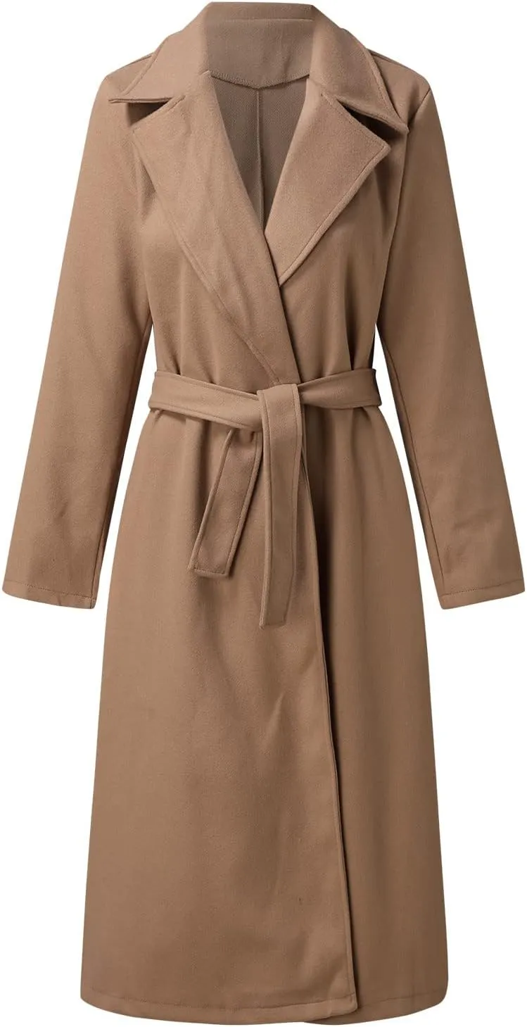 Womens Long Trench Coat Fashion Elegant Long Sleeve Lapel Overcoat with Belt Soft Comfy Slim Outwear 2024 Winter Coats