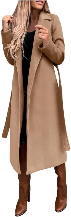 Womens Long Trench Coat Fashion Elegant Long Sleeve Lapel Overcoat with Belt Soft Comfy Slim Outwear 2024 Winter Coats