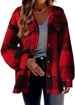 Womens Plaid Flannel Fleece Jackets Fall Winter Sherpa Shackets Long Sleeve Button Down Coats Shirt Casual Jacket