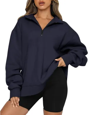 Womens Quarter Zipper Lapel Hoodies Cropped Pullover Sweatshirts Fleece Drop Shoulder Clothes Solid Tops