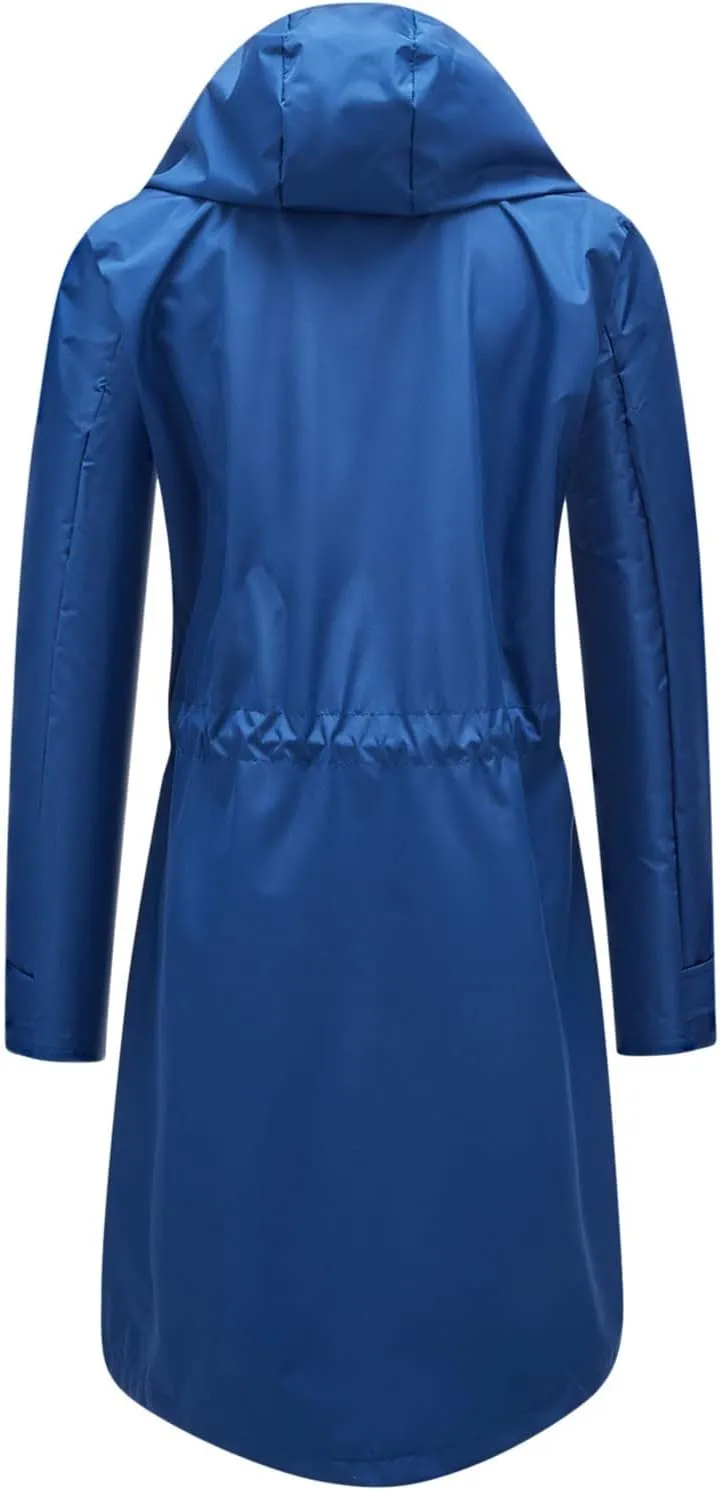 Womens Rainproof Trench Coats Long Hooded Zip Up Lined Windbreaker Drawtring Waist Waterproof Outdoor Rain Jacket 2023