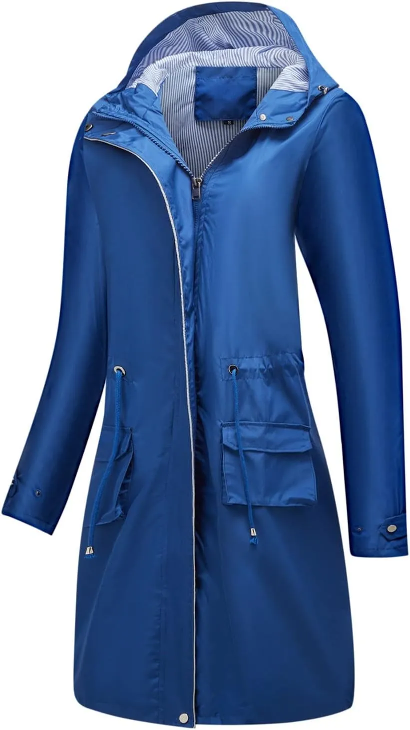 Womens Rainproof Trench Coats Long Hooded Zip Up Lined Windbreaker Drawtring Waist Waterproof Outdoor Rain Jacket 2023