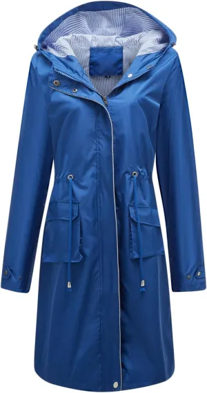 Womens Rainproof Trench Coats Long Hooded Zip Up Lined Windbreaker Drawtring Waist Waterproof Outdoor Rain Jacket 2023