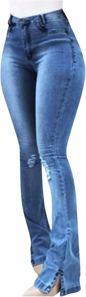 Womens Slim Flared Jeans 2024 Comfy Button Zipper Pockets Wide Leg Denim High Waisted Slimming Stretchy Skinny Jeans