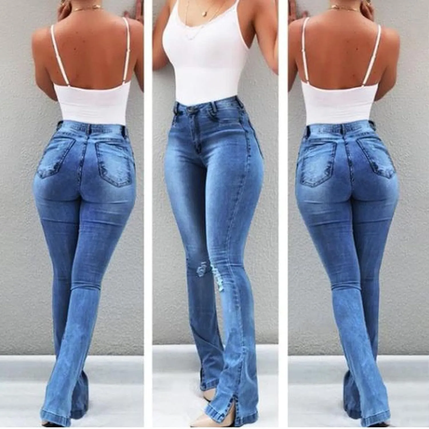 Womens Slim Flared Jeans 2024 Comfy Button Zipper Pockets Wide Leg Denim High Waisted Slimming Stretchy Skinny Jeans