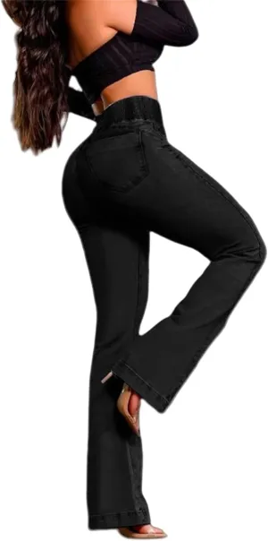 Women's Smocked High Rise Bootcut Jeans, Tummy Control High Waisted Button Fly Bell Bottoms Stretch Denim Trousers