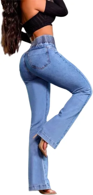 Women's Smocked High Rise Bootcut Jeans, Tummy Control High Waisted Button Fly Bell Bottoms Stretch Denim Trousers