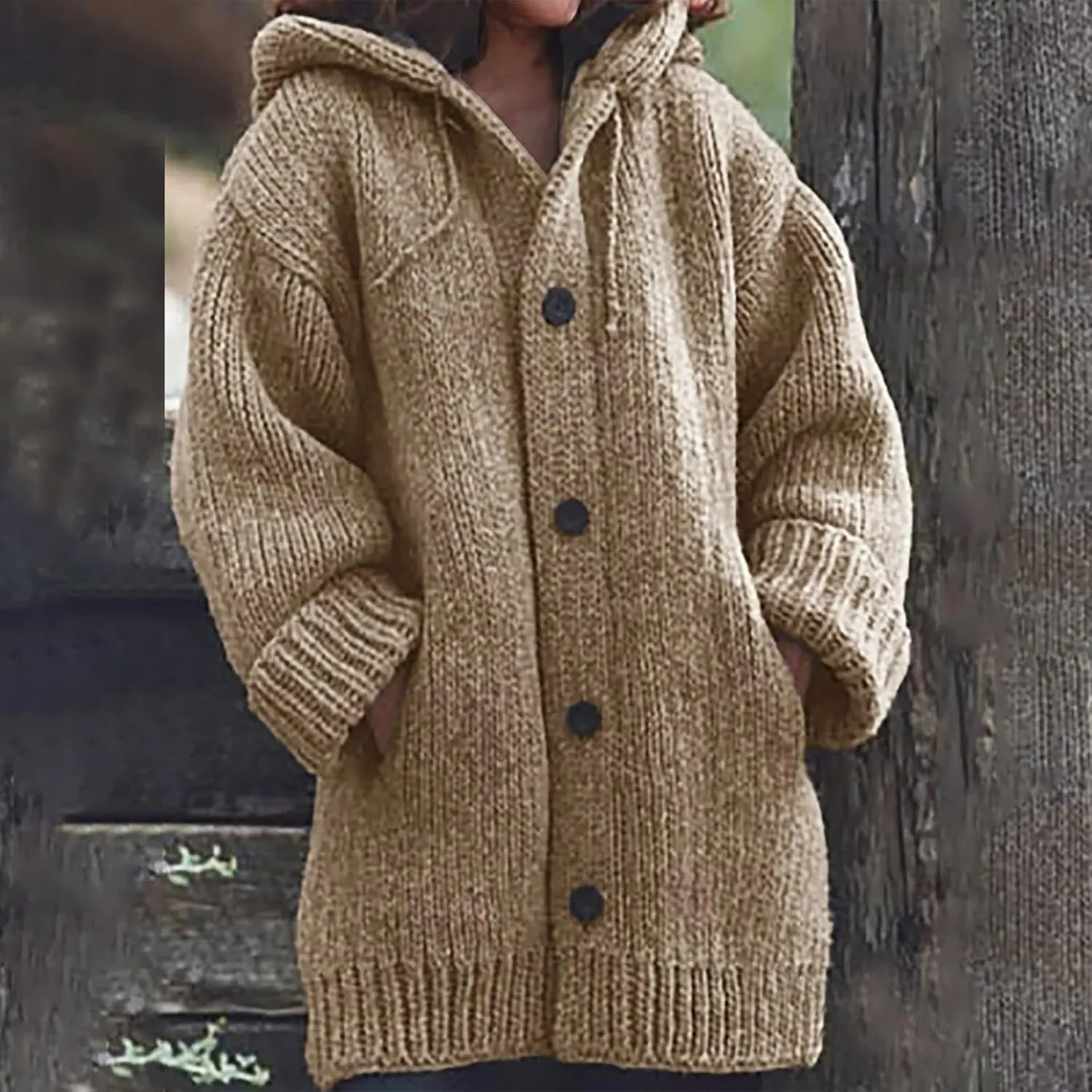 Women's Solid Color Hoodie Jacket Button Knit Loose Long Sleeve Long Sweater Tops Winter Plus Size Coat With Pockets