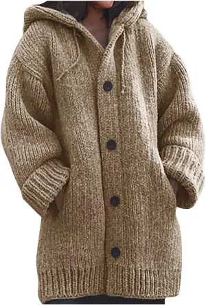 Women's Solid Color Hoodie Jacket Button Knit Loose Long Sleeve Long Sweater Tops Winter Plus Size Coat With Pockets