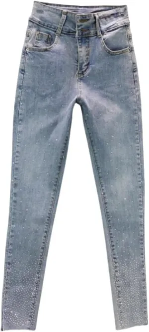 Women's Stretch Skinny Jeans Rhinestone Decor High Waisted Slim Fit Frayed Raw Hem Denim Pants