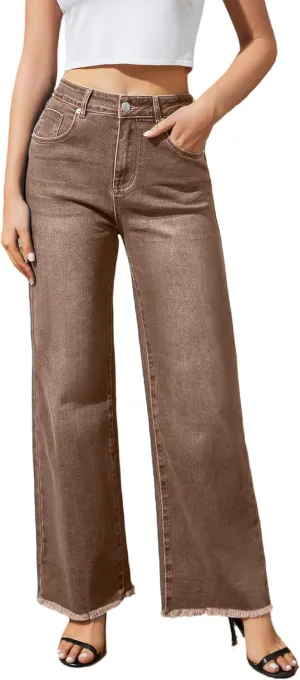 Women's Wide Leg Jeans High Waisted Strechy Jeans for Women Straight Raw Hem Loose Casual Denim